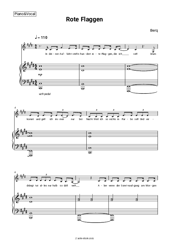 Rote Flaggen - Berq Piano Sheet Music with the Voice part - Piano&Vocal