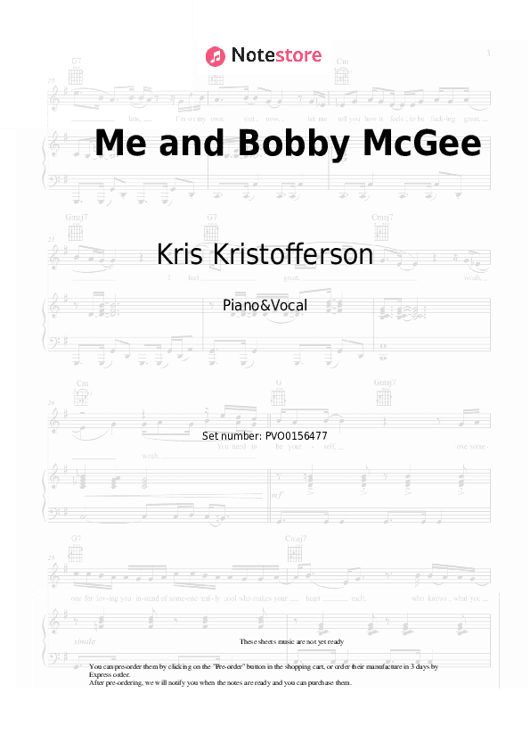 Me and Bobby McGee - Kris Kristofferson Piano Sheet Music with the Voice part - Piano&Vocal