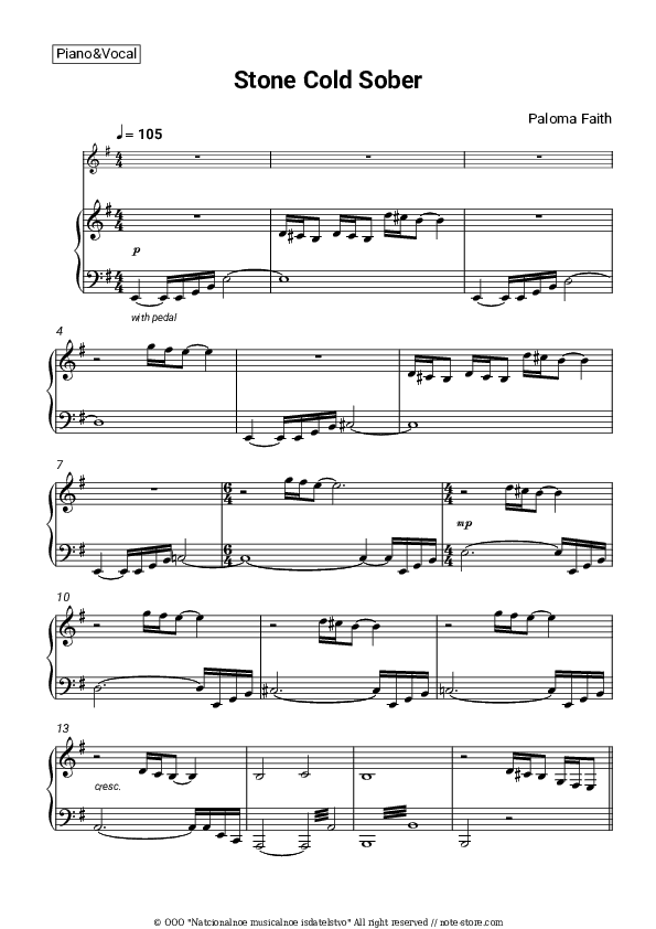 Stone Cold Sober - Paloma Faith Piano Sheet Music with the Voice part - Piano&Vocal