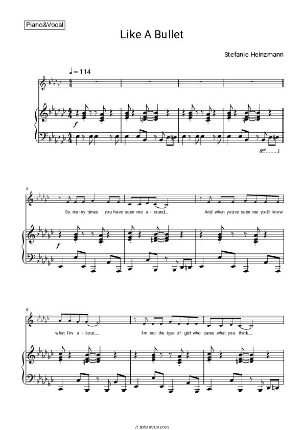 Like A Bullet - Stefanie Heinzmann Piano Sheet Music with the Voice part - Piano&Vocal