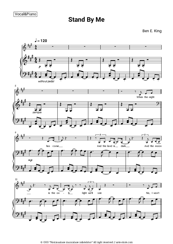 Stand by Me - Ben E. King Piano Sheet Music with the Voice part - Piano&Vocal