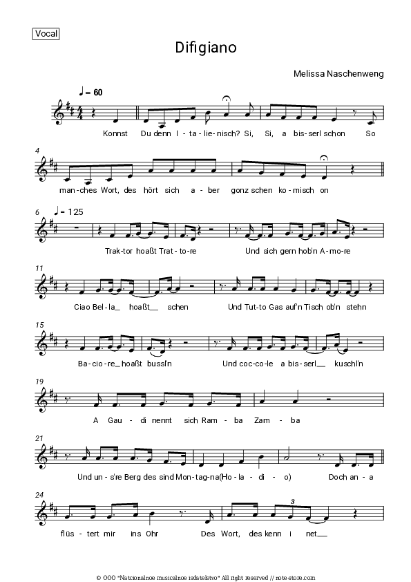 Difigiano - Melissa Naschenweng Vocal Sheet Music - Vocal