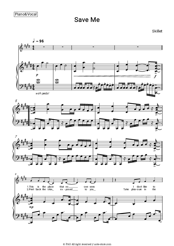 Save Me - Skillet Piano Sheet Music with the Voice part - Piano&Vocal