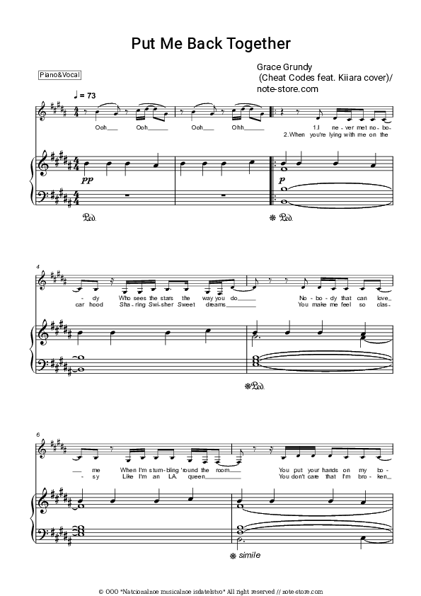 Put Me Back Together - Grace Grundy Piano Sheet Music with the Voice part - Piano&Vocal