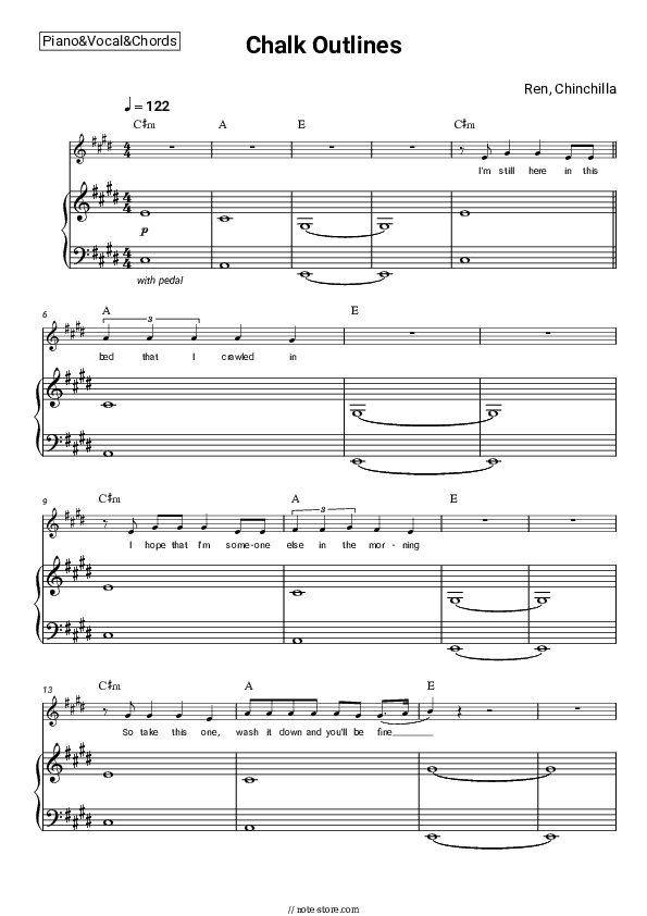 Chalk Outlines - Ren, Chinchilla Piano Sheet Music with the Vocal and Chords - Piano&Vocal&Chords