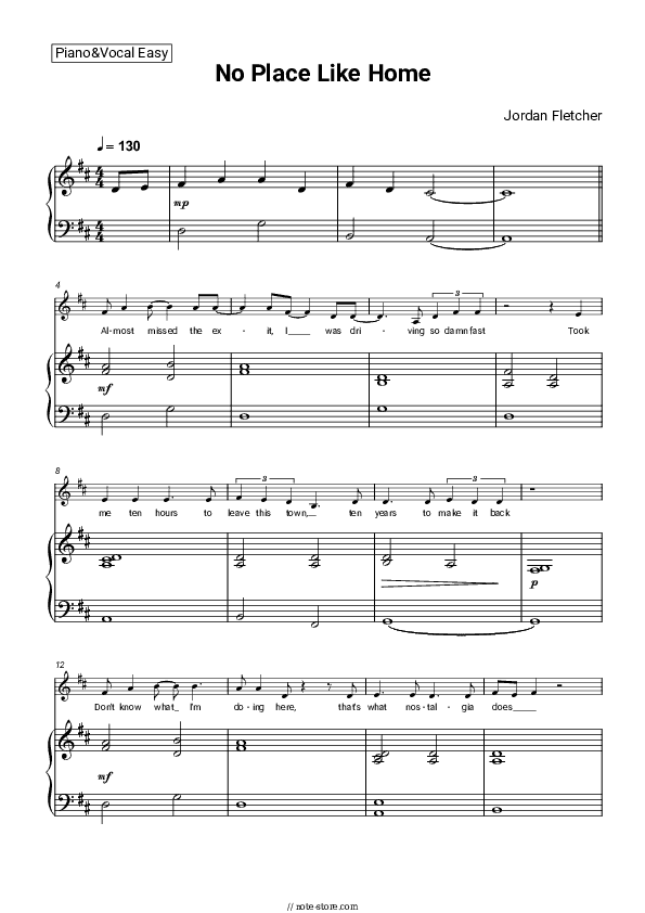 No Place Like Home - Jordan Fletcher Piano Sheet Music Easy and Vocal - Piano&Vocal.Easy