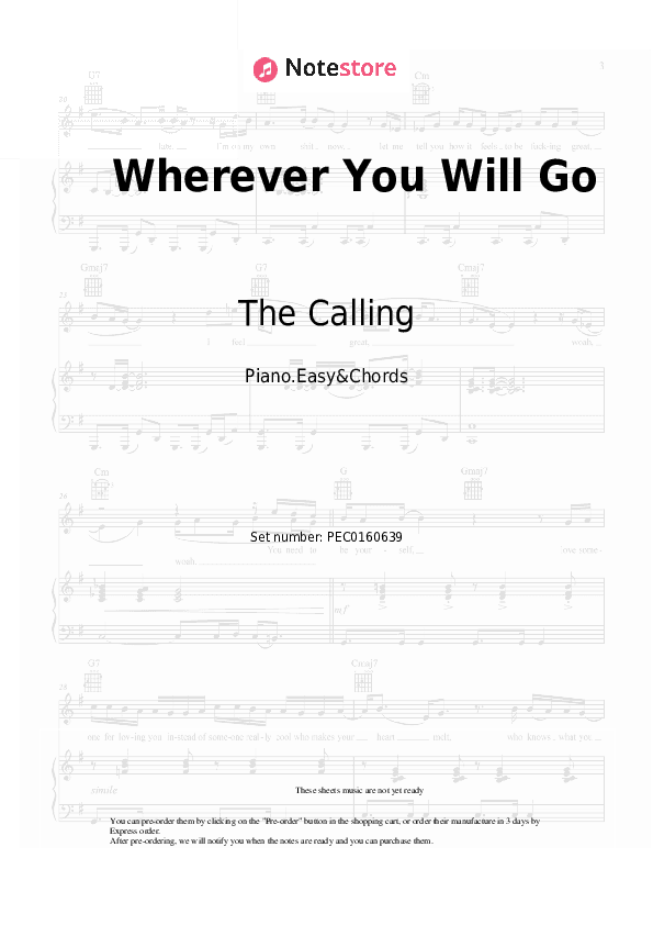 Wherever You Will Go - The Calling Sheet Music Easy and Chords - Piano.Easy&Chords