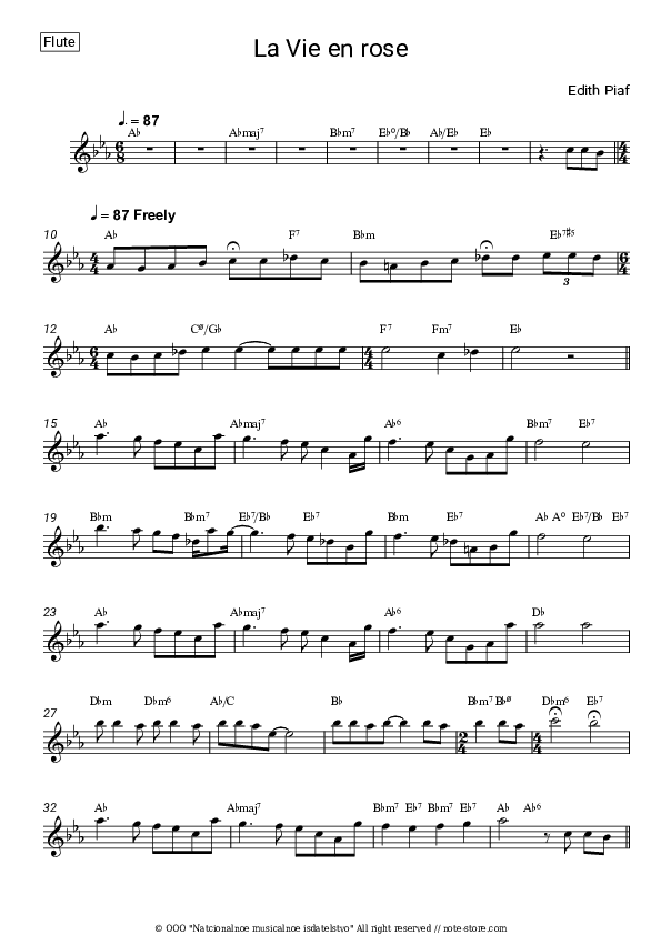 La Vie en rose - Edith Piaf Flute Sheet Music - Flute