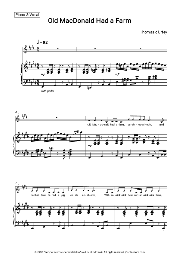 Old MacDonald Had a Farm - Thomas d'Urfey Piano Sheet Music with the Voice part - Piano&Vocal