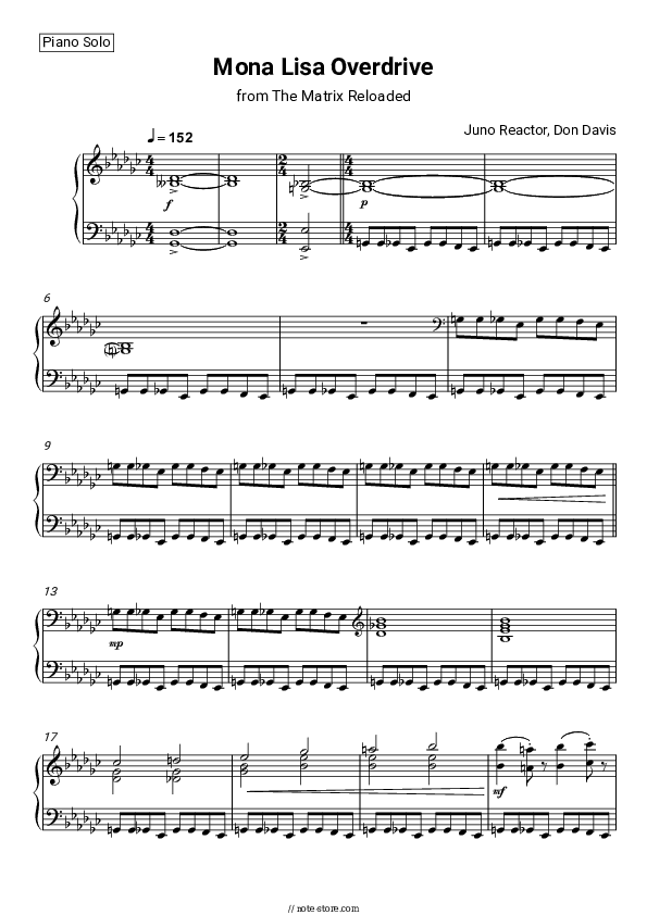 Mona Lisa Overdrive (from 'The Matrix Reloaded') - Juno Reactor Piano Sheet Music - Piano.Solo