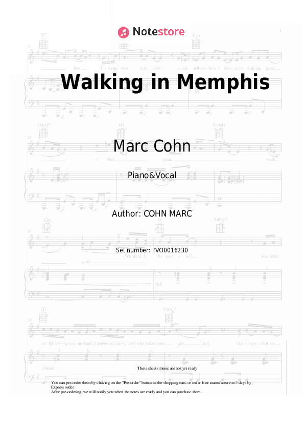 Walking in Memphis - Marc Cohn Piano Sheet Music with the Voice part - Piano&Vocal