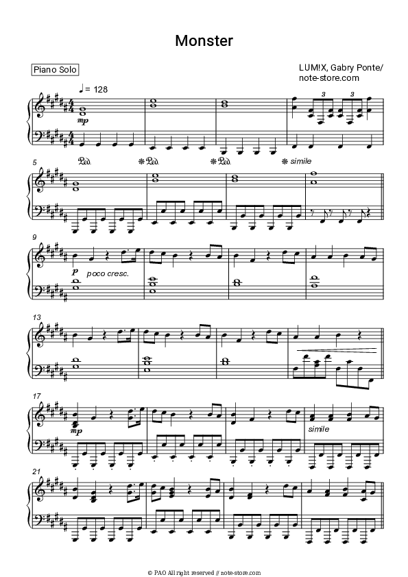 Monster - LUM!X, Gabry Ponte Piano Sheet Music - Piano.Solo