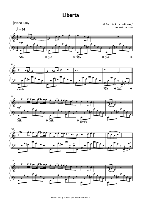 Liberta - Al Bano & Romina Power Piano Sheet Music Easy - Piano.Easy