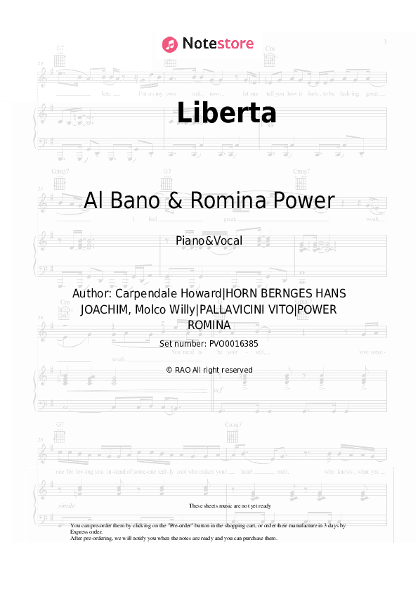 Liberta - Al Bano & Romina Power Piano Sheet Music with the Voice part - Piano&Vocal