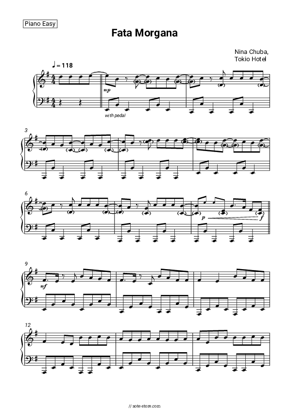 Fata Morgana - Nina Chuba, Tokio Hotel Piano Sheet Music Easy - Piano.Easy