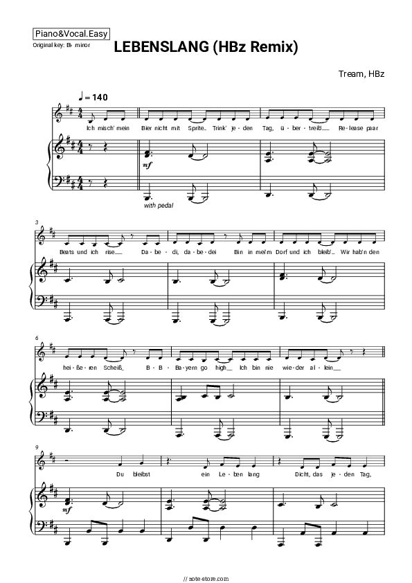 LEBENSLANG (HBz Remix) - Tream, HBz Piano Sheet Music Easy and Vocal - Piano&Vocal.Easy