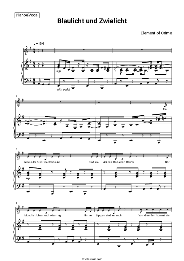 Blaulicht und Zwielicht - Element of Crime Piano Sheet Music with the Voice part - Piano&Vocal