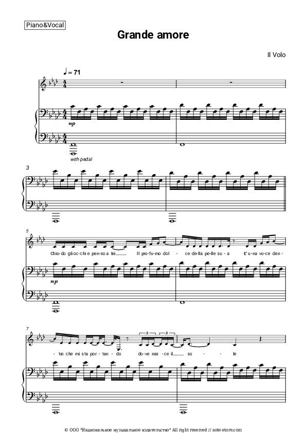 Grande amore - Il Volo Piano Sheet Music with the Voice part - Piano&Vocal