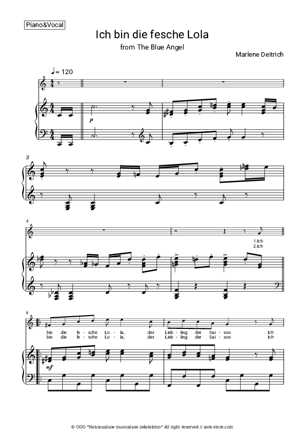 Ich bin die fesche Lola (from 'The Blue Angel') - Marlene Dietrich Piano Sheet Music with the Voice part - Piano&Vocal