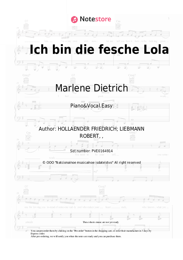 Ich bin die fesche Lola (from 'The Blue Angel') - Marlene Dietrich Piano Sheet Music Easy and Vocal - Piano&Vocal.Easy