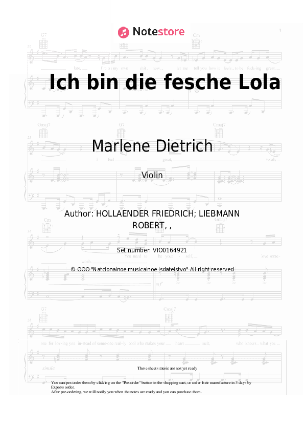 Ich bin die fesche Lola (from 'The Blue Angel') - Marlene Dietrich Violin Sheet Music - Violin