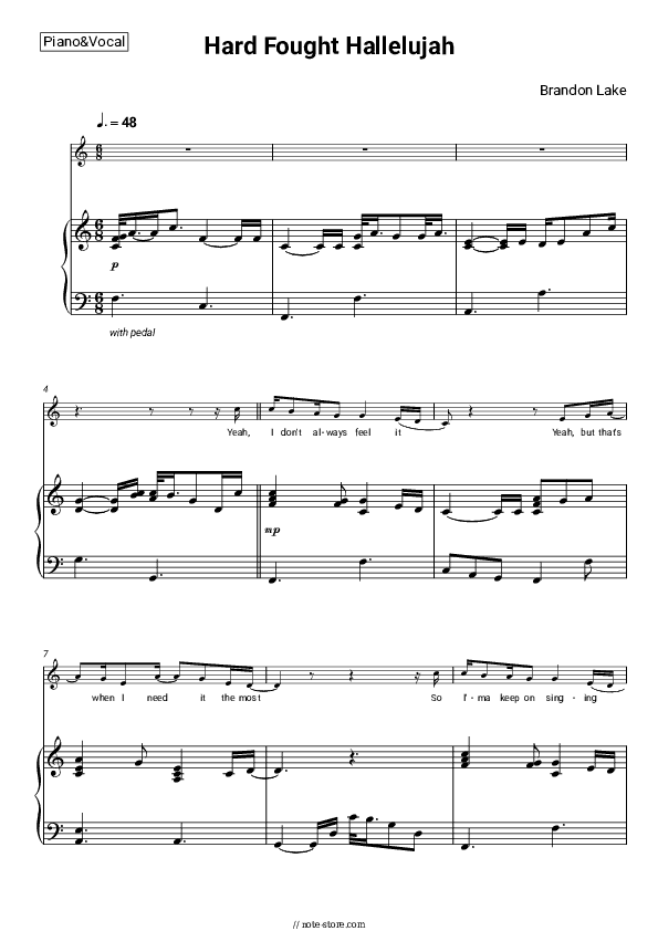 Hard Fought Hallelujah - Brandon Lake Piano Sheet Music with the Voice part - Piano&Vocal