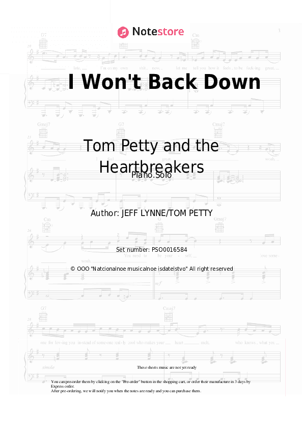 I Won't Back Down - Tom Petty and the Heartbreakers Piano Sheet Music - Piano.Solo