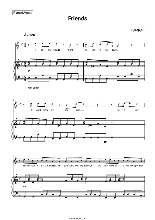 Friends - KAMRAD Piano Sheet Music with the Voice part - Piano&Vocal