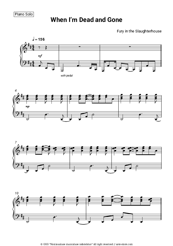 When I’m Dead and Gone - Fury in the Slaughterhouse Piano Sheet Music - Piano.Solo