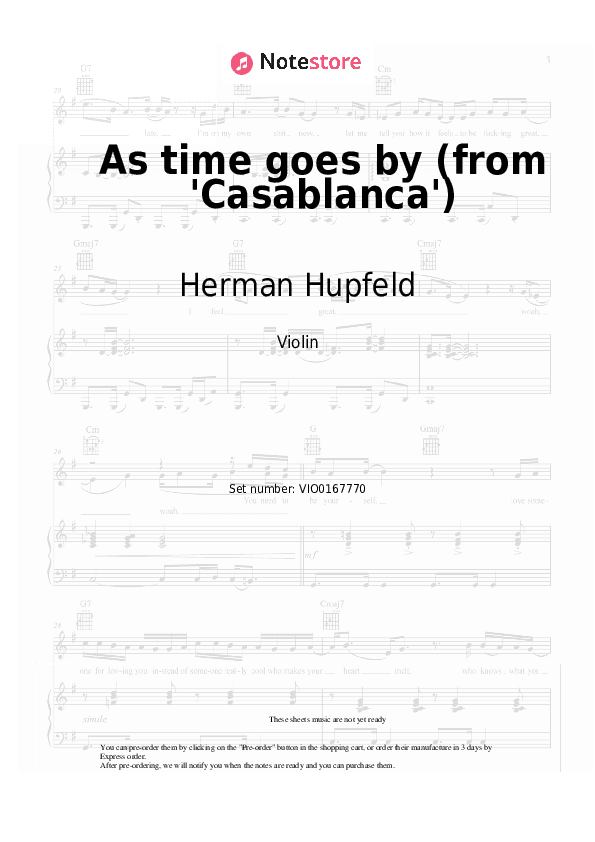As time goes by (from 'Casablanca') - Herman Hupfeld, Dooley Wilson Violin Sheet Music - Violin