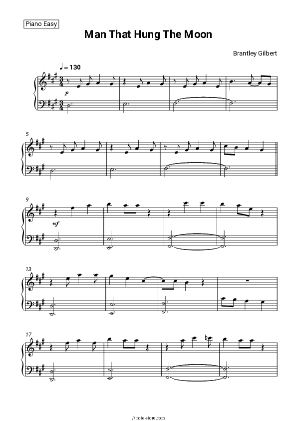 Man That Hung The Moon - Brantley Gilbert Piano Sheet Music Easy - Piano.Easy