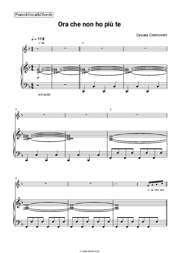 Ora che non ho più te - Cesare Cremonini Piano Sheet Music with the Vocal and Chords - Piano&Vocal&Chords