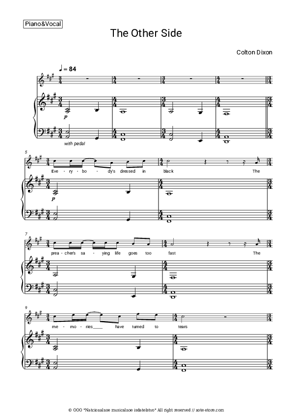 The Other Side - Colton Dixon Piano Sheet Music with the Voice part - Piano&Vocal