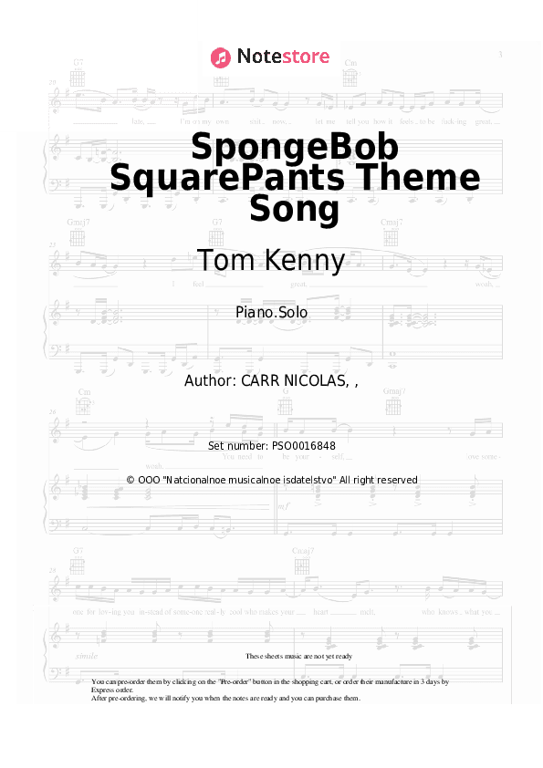 SpongeBob SquarePants Theme Song - Tom Kenny Piano Sheet Music - Piano.Solo