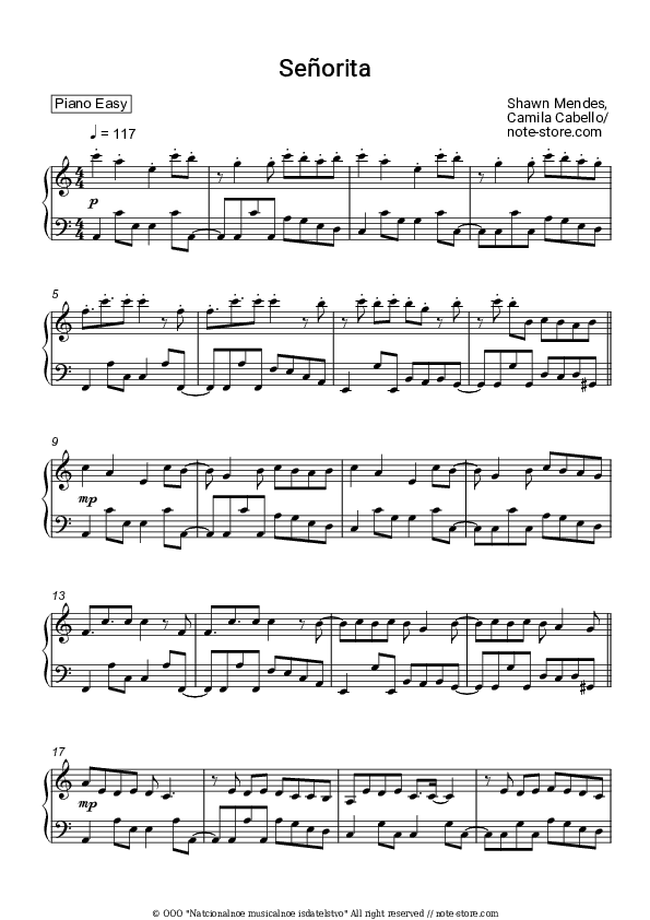 Senorita - Shawn Mendes, Camila Cabello Piano Sheet Music Easy - Piano.Easy