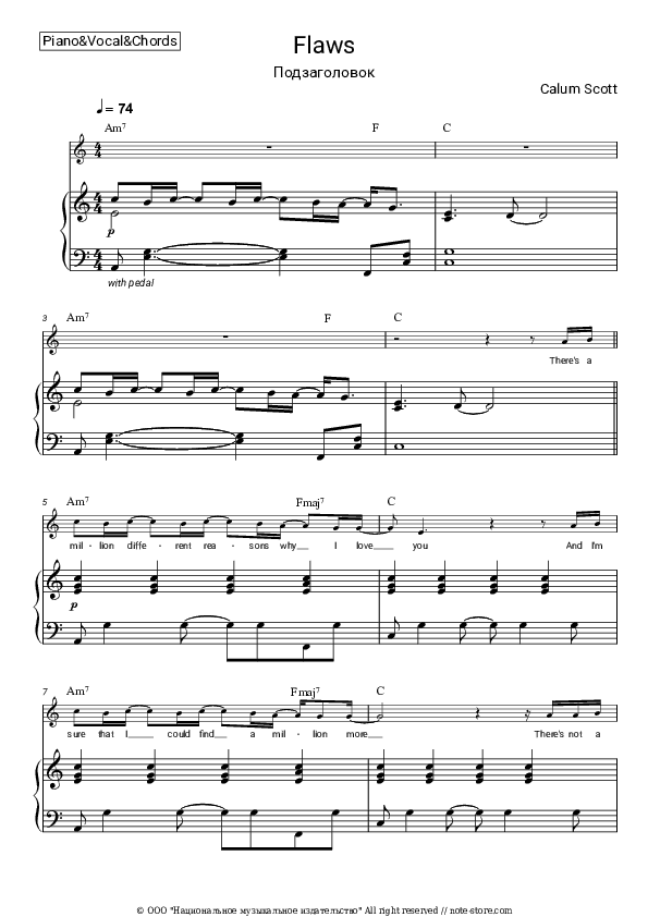 Flaws - Calum Scott Piano Sheet Music with the Vocal and Chords - Piano&Vocal&Chords