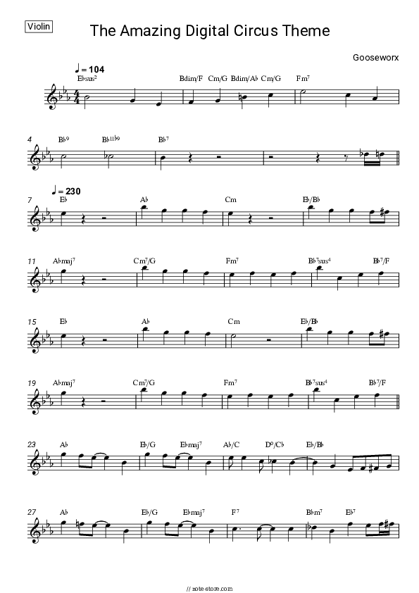 The Amazing Digital Circus Theme - Gooseworx Violin Sheet Music - Violin