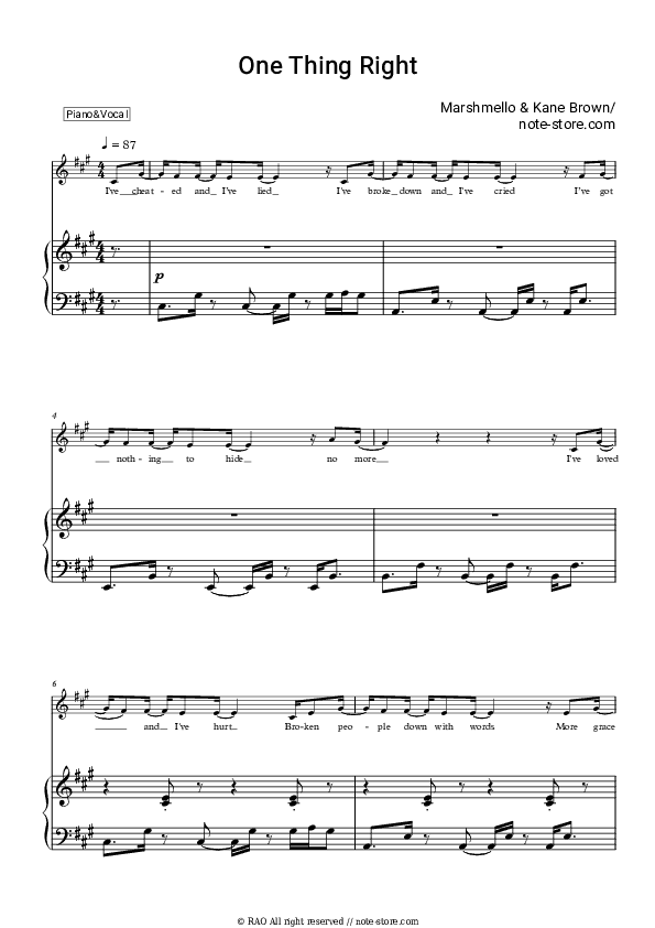 One Thing Right - Marshmello, Kane Brown Piano Sheet Music with the Voice part - Piano&Vocal