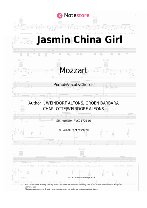 Jasmin China Girl - Mozzart Piano Sheet Music with the Vocal and Chords - Piano&Vocal&Chords