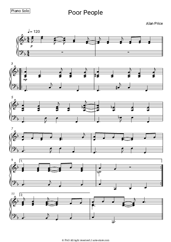 Poor People - Alan Price Piano Sheet Music - Piano.Solo