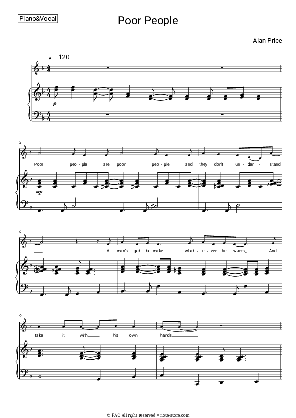 Poor People - Alan Price Piano Sheet Music with the Voice part - Piano&Vocal