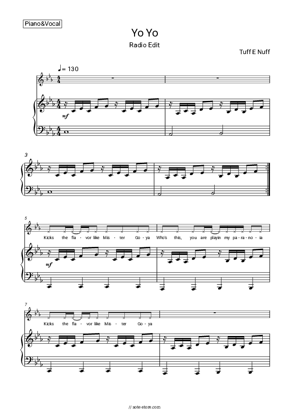 Yo Yo (Radio Edit) - Tuff E Nuff Piano Sheet Music with the Voice part - Piano&Vocal