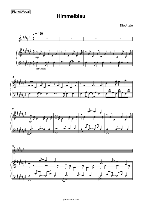 Himmelblau - Die Ärzte Piano Sheet Music with the Voice part - Piano&Vocal