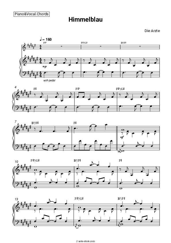 Himmelblau - Die Ärzte Piano Sheet Music with the Vocal and Chords - Piano&Vocal&Chords