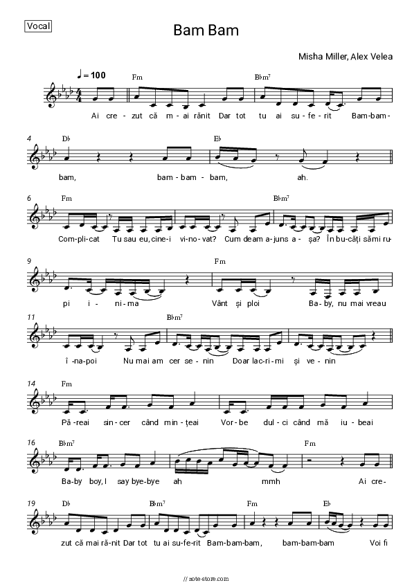 Bam Bam - Misha Miller, Alex Velea Vocal Sheet Music - Vocal