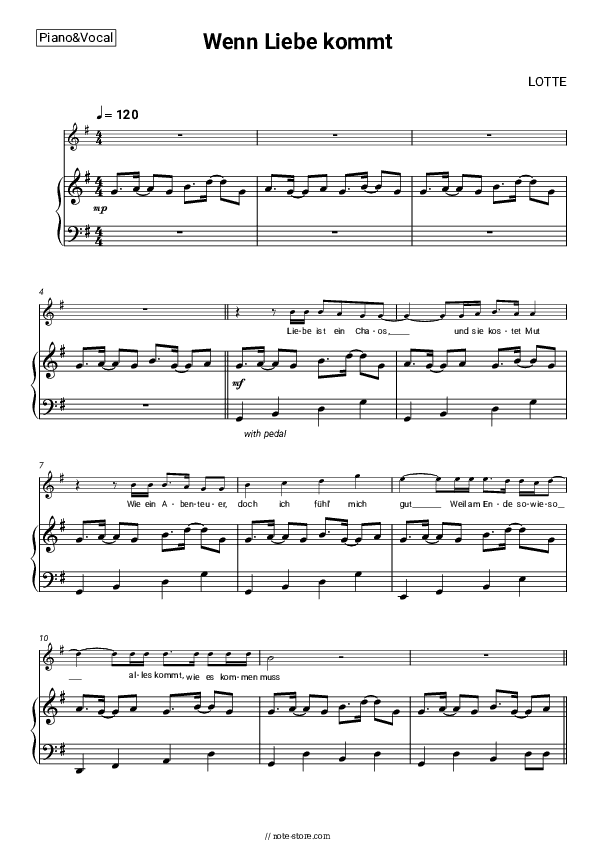Wenn Liebe kommt - LOTTE Piano Sheet Music with the Voice part - Piano&Vocal