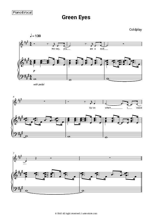 Green Eyes - Coldplay Piano Sheet Music with the Voice part - Piano&Vocal