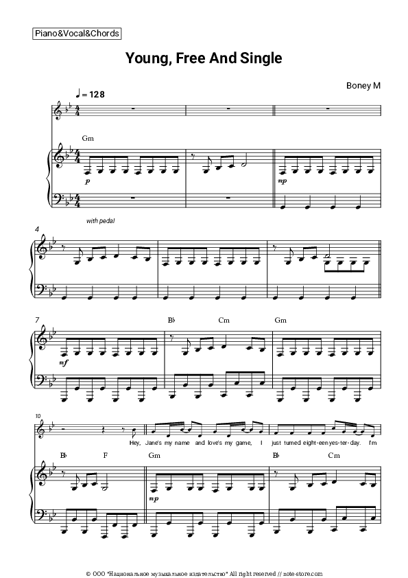 Young, Free And Single - Boney M Piano Sheet Music with the Vocal and Chords - Piano&Vocal&Chords