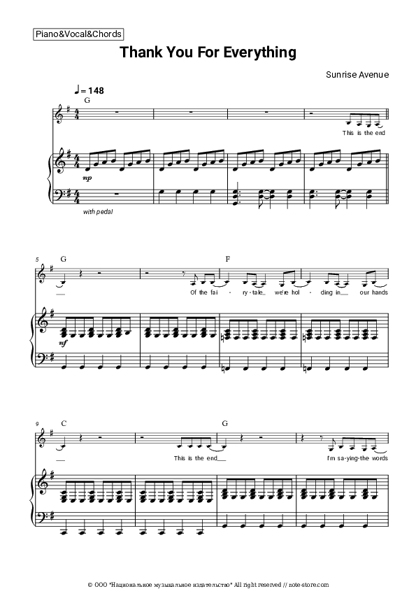 Thank You For Everything - Sunrise Avenue Piano Sheet Music with the Vocal and Chords - Piano&Vocal&Chords