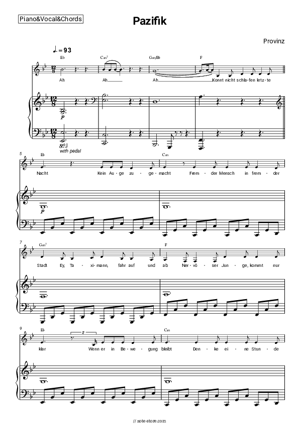 Pazifik - Provinz Piano Sheet Music with the Vocal and Chords - Piano&Vocal&Chords